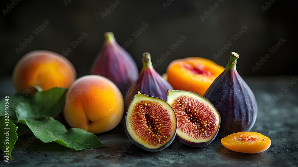 Bright sunny summer image of figs, peaches and apricots.