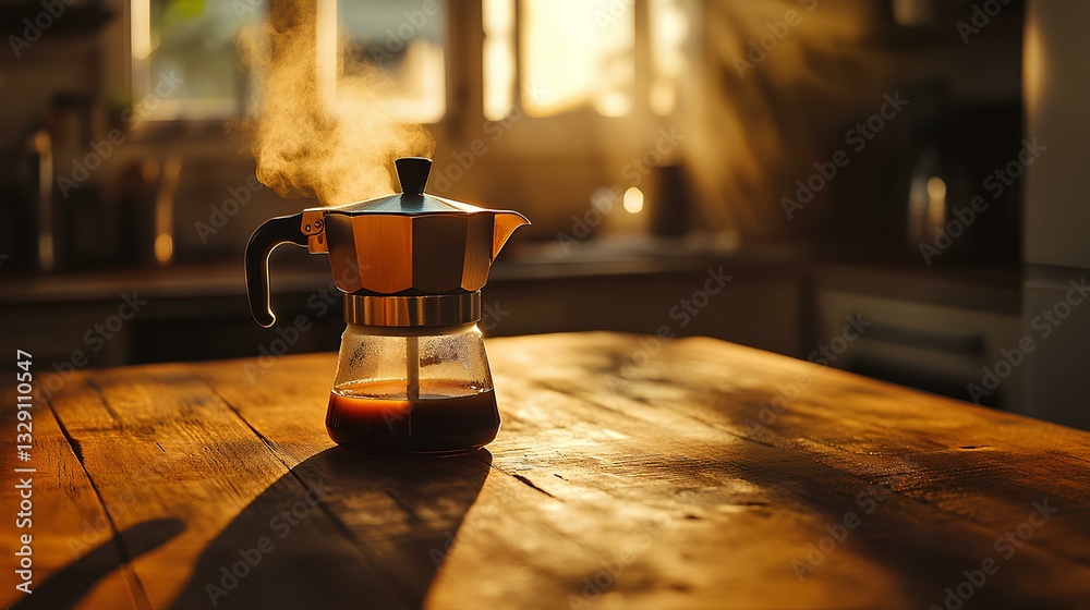 moka pot brewing coffee on a rustic wooden countertop