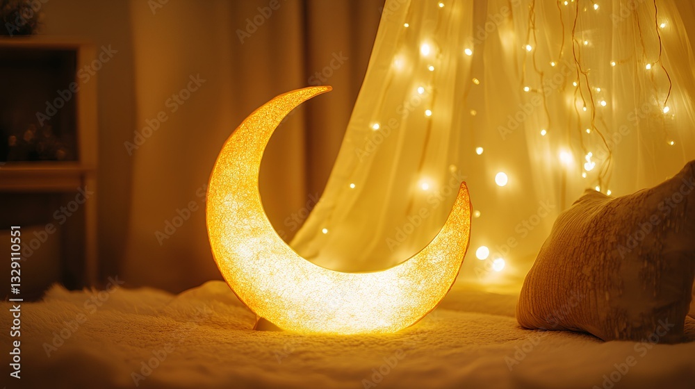 golden crescent moon lamp glowing softly in a dimly lit room, surrounded by tiny twinkling fairy lights