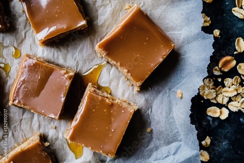 Wallpaper Mural Delicious bite-sized peanut butter oat bars arranged on parchment paper with a honey drizzle and oat flakes Torontodigital.ca