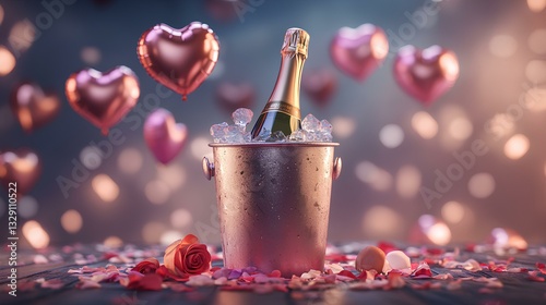 Obraz na płótnie bottle of champagne stands in an ice bucket on a table with rose petals, with heart-shaped balloons in the background. Festive romantic atmosphere. w salonie