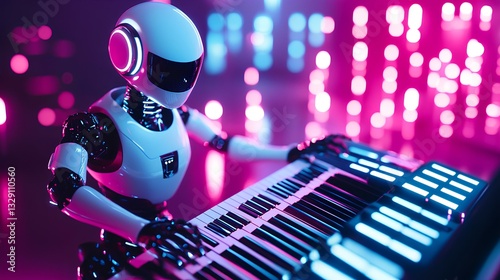Obraz na płótnie robot playing a futuristic electric keyboard, with bright lights emanating from the keys w salonie