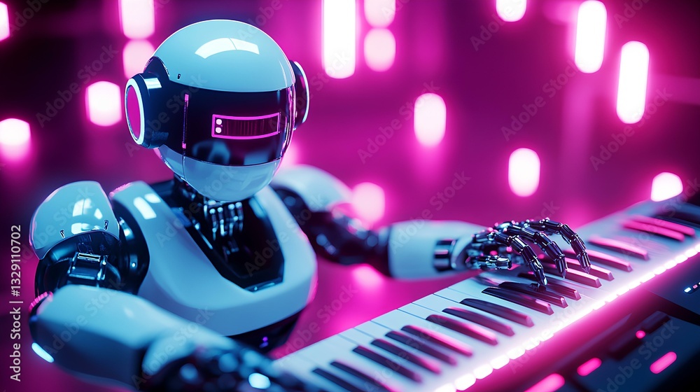 robot playing a futuristic electric keyboard, with bright lights emanating from the keys
