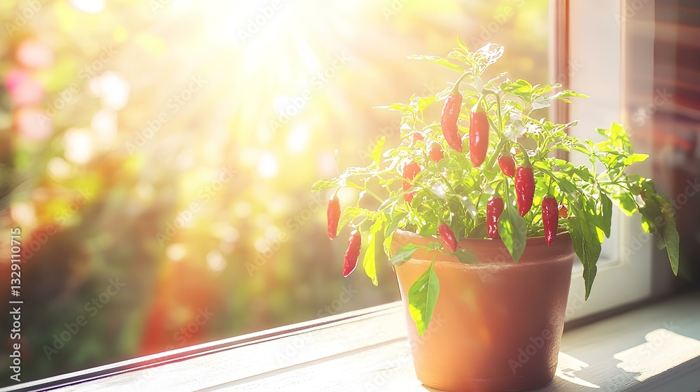 chili pepper plant growing in a terracotta pot on a sunny windowsill, with small peppers hanging from the stems