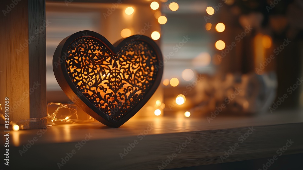heart-shaped music box with intricate carvings, placed on a polished wooden shelf with glowing string lights