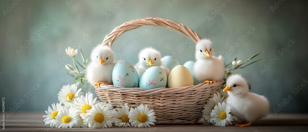 cheerful Easter centerpiece featuring a basket filled with painted eggs, fluffy chicks, and daisies, placed on a wooden table, Bright