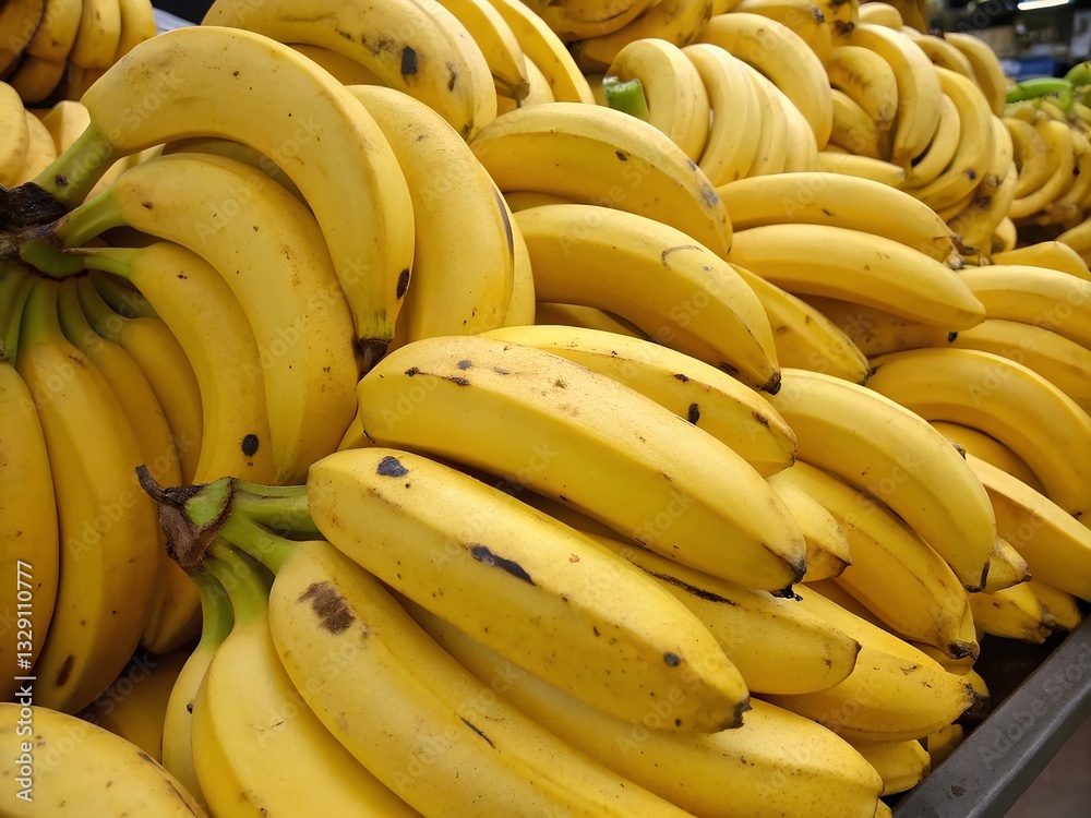 The image displays a large cluster of ripe yellow bananas piled together. Each banana has a smooth, bright yellow peel with some specks or spots, indicating ripeness. The bananas are tightly packed