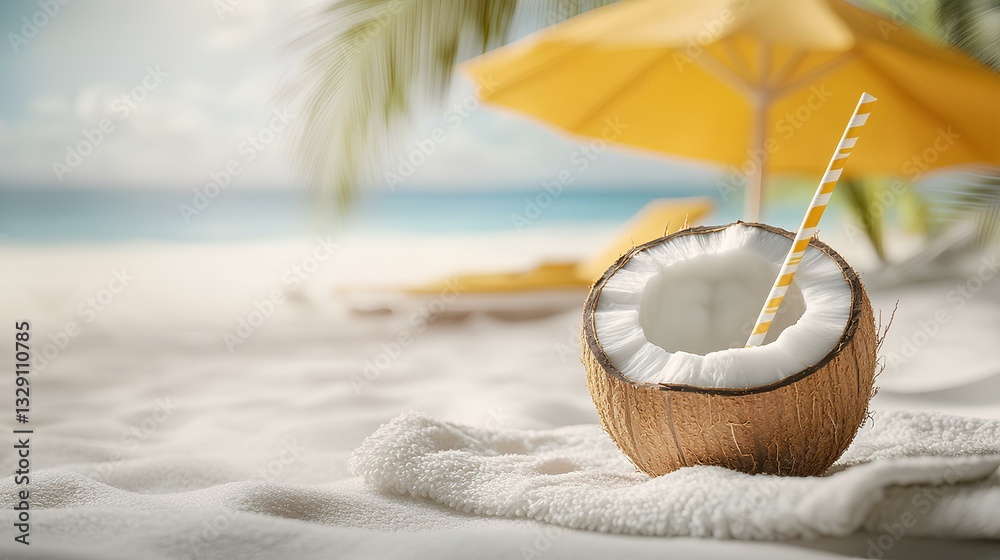 close-up of a fresh coconut with a straw and tropical umbrella, resting on a beach towel with white sand in the background