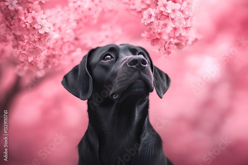 Labrador dog under a luxurious blossoming sakura tree. Spring sunny mood