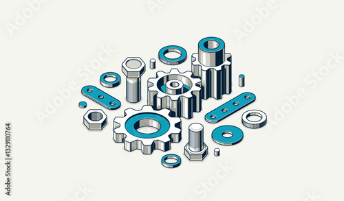 Industry and manufacturing concept, gears and cogs composition isometric 3D vector illustration, cogwheels system technology and technics machinery engine.