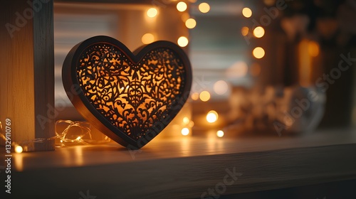 Obraz na płótnie heart-shaped music box with intricate carvings, placed on a polished wooden shelf with glowing string lights w salonie