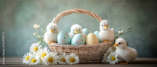 cheerful Easter centerpiece featuring a basket filled with painted eggs, fluffy chicks, and daisies, placed on a wooden table, Bright 