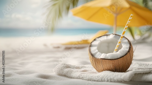 Obraz na płótnie close-up of a fresh coconut with a straw and tropical umbrella, resting on a beach towel with white sand in the background w salonie
