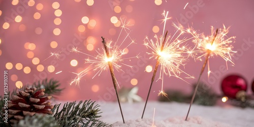 Beautiful sparkles from sparklers on the background of New Year's bokeh, Christmas mood, glitter, festive background. Bright fire on a pink background