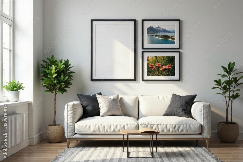 Fototapeta premium Sleek black metal rack holds empty picture frames, modern apartment , home, room, decor