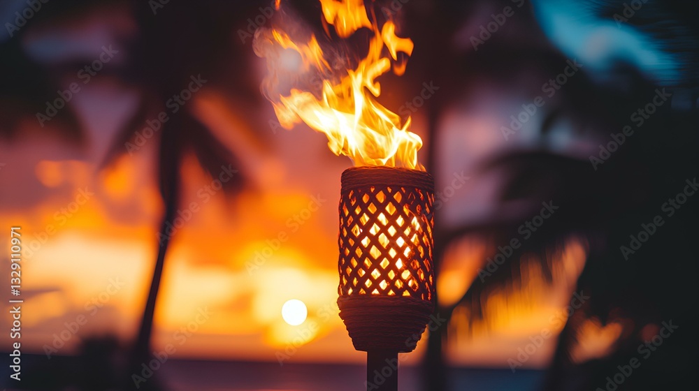 A single tiki torch burning against a vibrant sunset sky, with palm trees swaying in the background