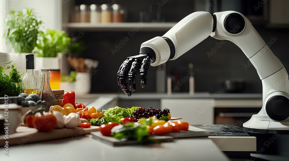 A kitchen robot arm preparing a gourmet meal, with ingredients neatly arranged on the counter