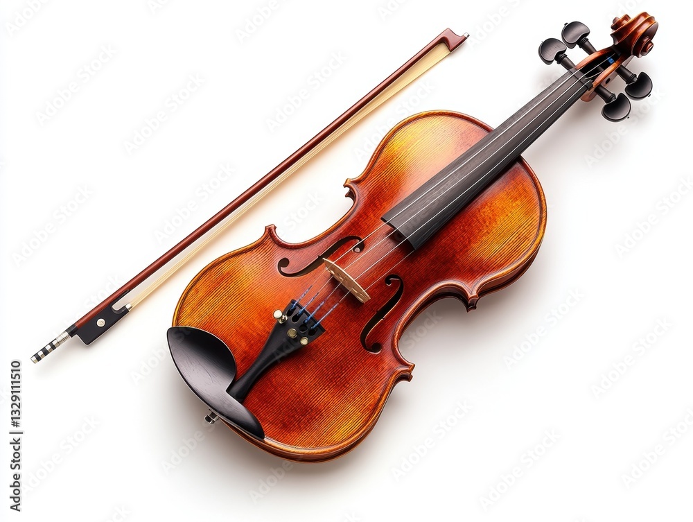 Beautiful wooden violin with bow placed elegantly on white background Beautiful wooden violin with bow placed elegantly on white background