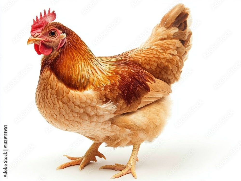 Fototapeta premium Bright feathered hen standing proudly on a white backdrop