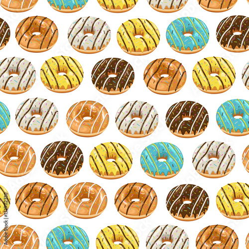 Food pattern design . Donuts background. Seamless pattern with donuts.  Donut pattern for fabric, wrapping paper, packaging, coffee and bakery shops. Hand Drawn illustration.