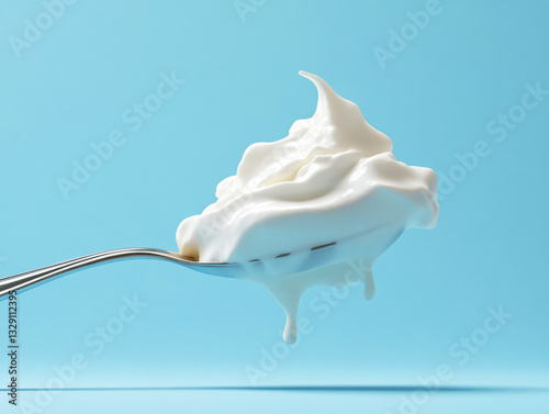 Creamy whipped topping on a spoon against blue background