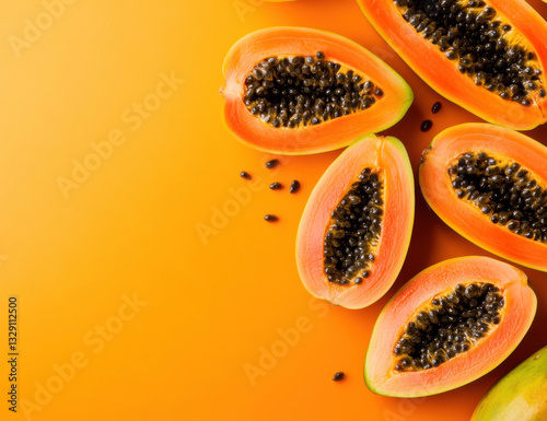 Fresh papaya halves with vibrant orange background at midday