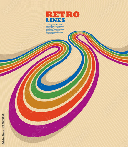 Linear vector abstract background in all colors of rainbow, retro style lines in 3D dimensional perspective, vintage poster art.