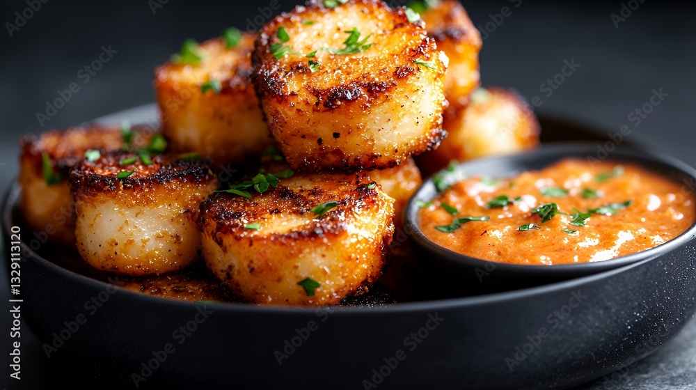 Seared Scallops on Plate with Dipping Sauce Closeup for Dinner Seared Scallops on Plate with Dipping Sauce Closeup for Dinner