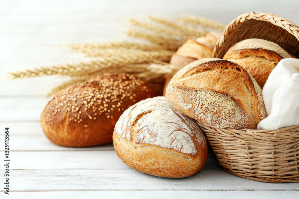 Fresh bread rolls and wheat in a rustic basket on wood table Fresh bread rolls and wheat in a rustic basket on wood table