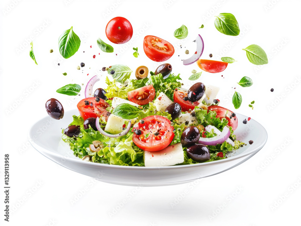 Fresh salad ingredients flying in vibrant display over white bowl Fresh salad ingredients flying in vibrant display over white bowl