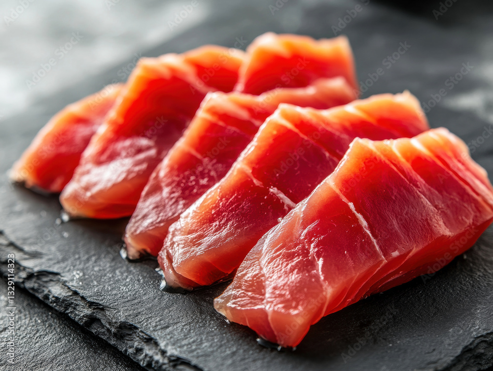 Fresh tuna sashimi slices presented on slate board Fresh tuna sashimi slices presented on slate board