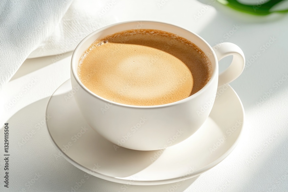 Warm cup of coffee resting on bright surface, inviting morning v Warm cup of coffee resting on bright surface, inviting morning v