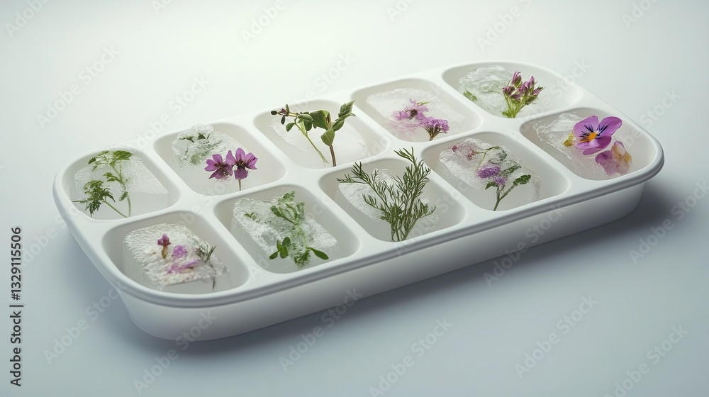A minimalist ice cube tray filled with frozen edible flowers and herbs. digital A minimalist ice cube tray filled with frozen edible flowers and herbs. digital