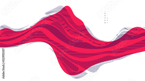Oriental Japanese style vector abstract illustration in red color, background in Asian traditional style, wavy shapes and mountains terrain, runny like sea lines.