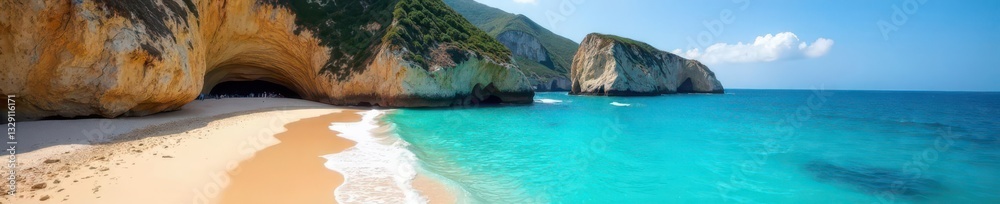 Obraz premium Wide panoramic view of Cathedral Cove's secluded beach in summer Clear blue waters, dramatic cliffs , solitude, untouched