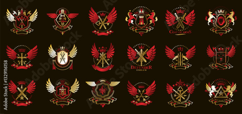Heraldic Coat of Arms vector big set, vintage antique heraldic badges and awards collection, symbols in classic style design elements, family or business logos.
