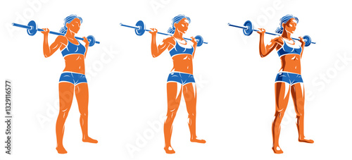 Young attractive woman with perfect muscular body training with a barbell vector illustration isolated, sport exercises active lifestyle.