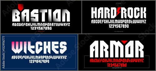 Brutal geometric vector fonts set, bold and massive alphabet typefaces, strong and heavy typeset collection, useful for logo creation, urban letters set.