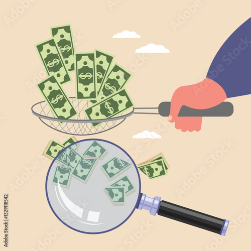 Inflation Reduce Value of Money, High Cost of Living due to increase in Houses price concept. Man holds sieve and sift Money through a sieve. Magnifying glass analysing rising cost of living. Vector 