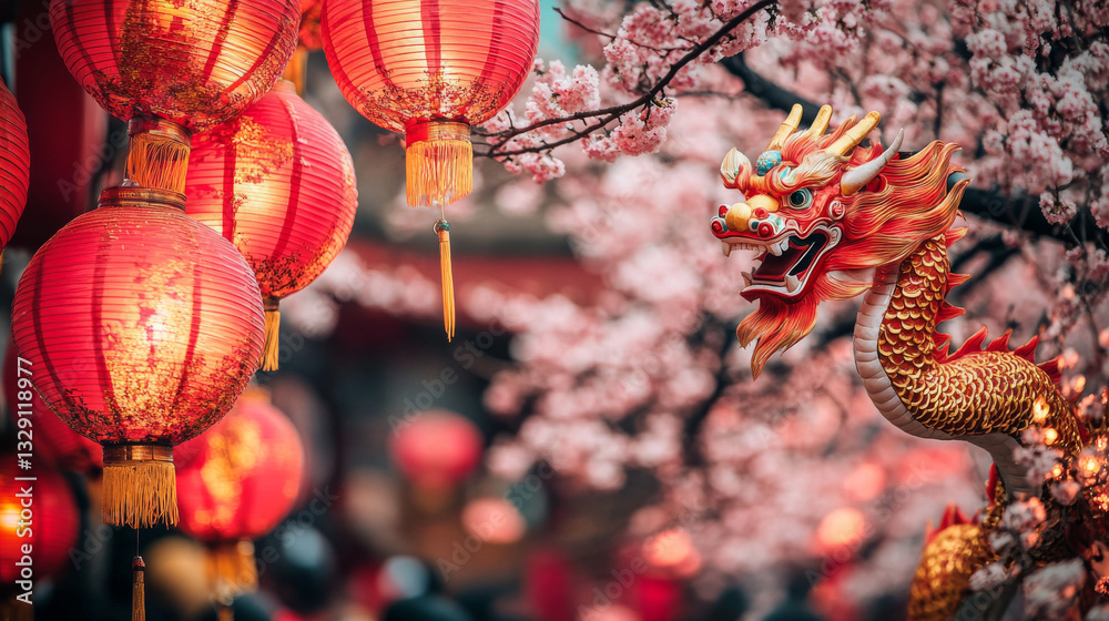 Obraz premium Red lanterns and dragon statue amidst blooming cherry blossoms create vibrant scene celebrating cultural festivities. atmosphere is filled with joy and tradition