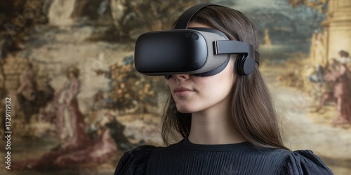 A woman wearing a virtual reality headset, exploring the latest in digital gaming and immersive experiences.