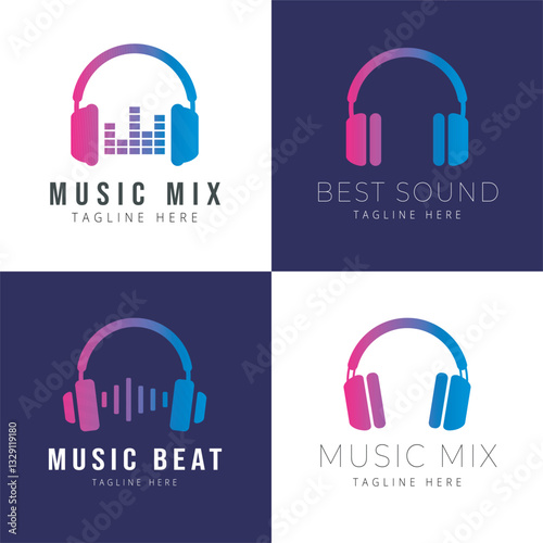 Modern music logos with stylish headphones and equalizer in gradient colors. Perfect for music projects, DJs, recording, podcasts, radio, streaming services, online platforms, festivals and blogs