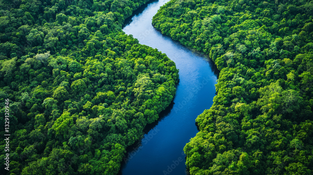 Aerial view of winding river surrounded by lush green forest, showcasing beauty of nature and tranquility Aerial view of winding river surrounded by lush green forest, showcasing beauty of nature and tranquility