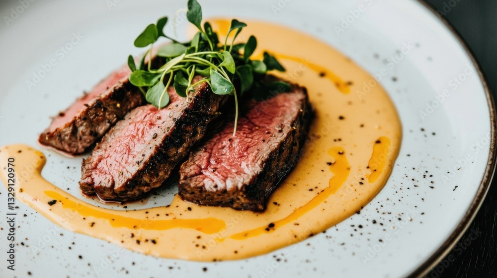 Chuck food steak concept. Gourmet presentation of seared steak with elegant garnishes Chuck food steak concept. Gourmet presentation of seared steak with elegant garnishes