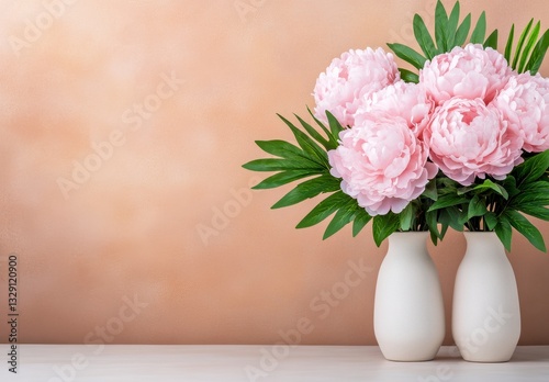 Pastel Pink Peonies in White Vases Soft Lighting and Peach Background