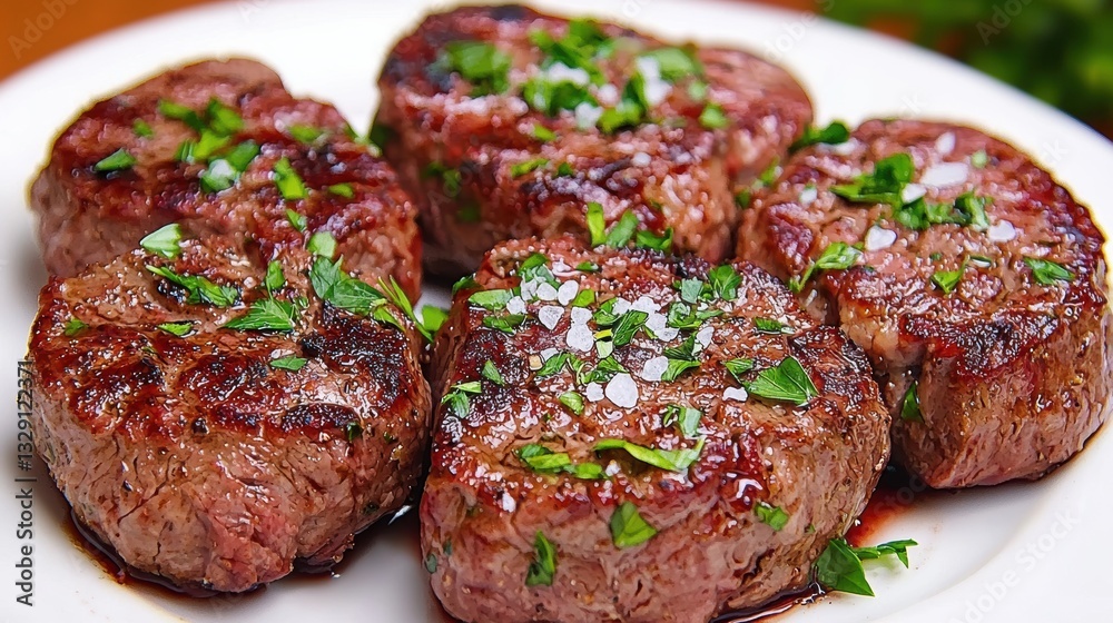 Chuck food steak concept. Pan seared steak plated on a white ceramic dish Chuck food steak concept. Pan seared steak plated on a white ceramic dish