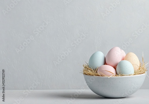 Pastel Speckled Easter Eggs in Gray Bowl on Light Gray Background
