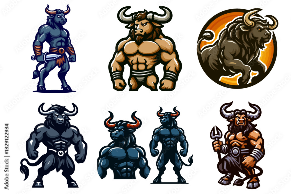 «Logo vibrante de minotauro en estilo vector mascota: emblema animado con cuerpo poderoso, cuernos y hacha, perfecto para juegos, películas y branding.»

