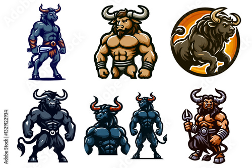 «Logo vibrante de minotauro en estilo vector mascota: emblema animado con cuerpo poderoso, cuernos y hacha, perfecto para juegos, películas y branding.»

