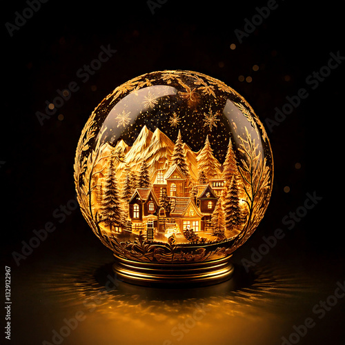 Golden Christmas Isometric Village illustration in Christmas crystal ball on dark  background with many decorative branches, decorations, stars.
